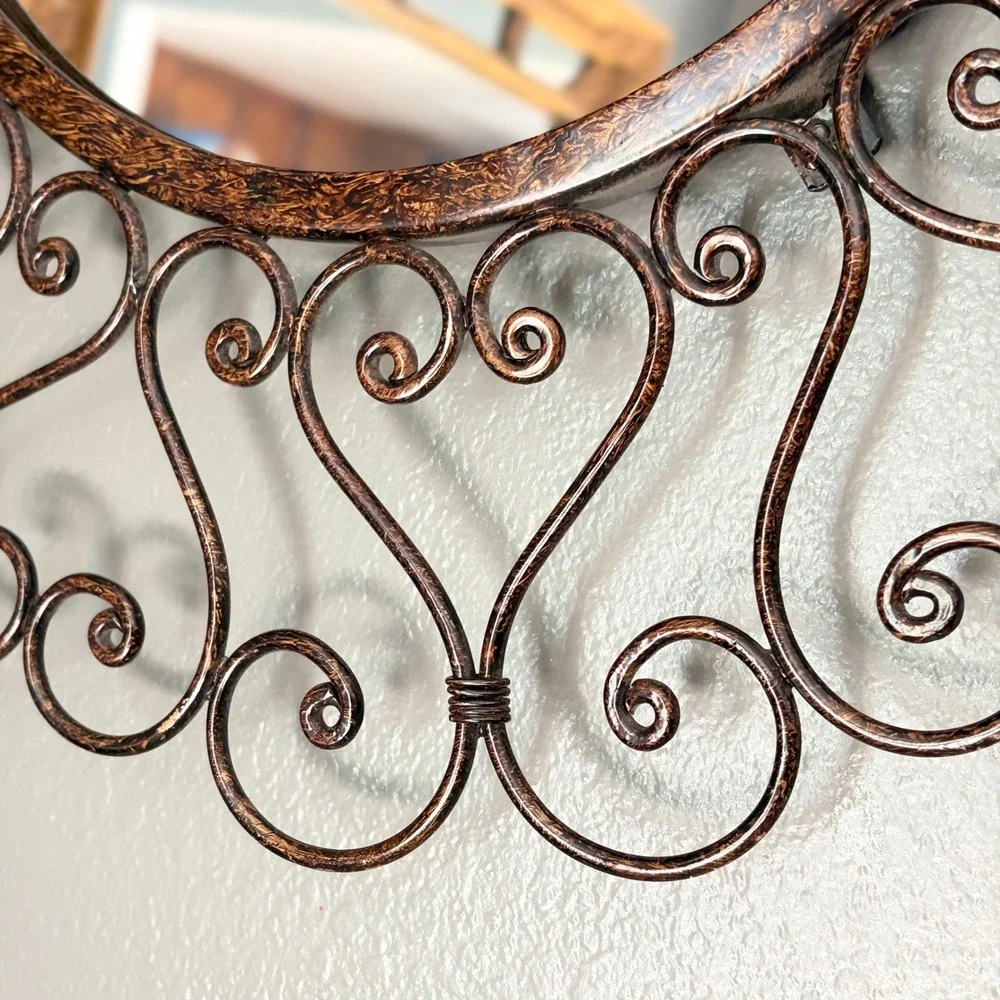 Round Wrought Iron Scrollwork Wall Mirror Bronze Heart Motif 23.5